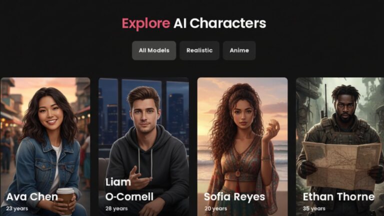Interface showing diverse AI-generated characters for roleplay AI interactions, featuring realistic and anime styles with character profiles like Ava Chen, Liam O-Connell, Sofia Reyes, and Ethan Thorne, representing the versatility of modern roleplay AI platforms.