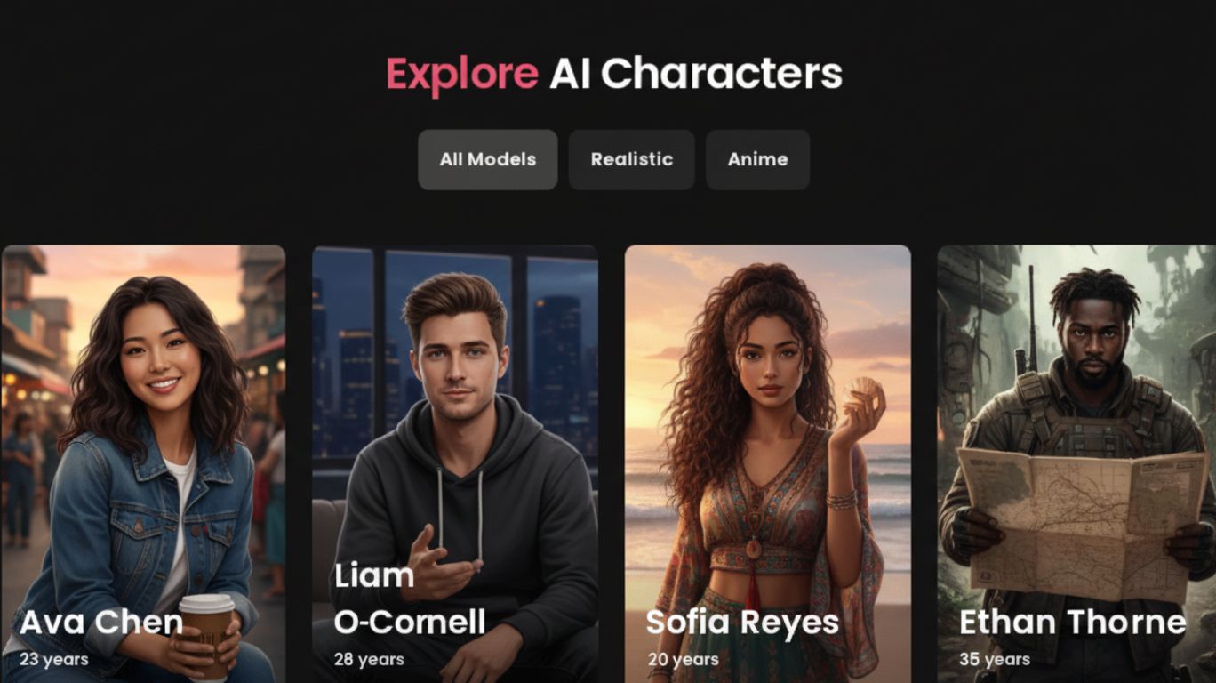 Interface showing diverse AI-generated characters for roleplay AI interactions, featuring realistic and anime styles with character profiles like Ava Chen, Liam O-Connell, Sofia Reyes, and Ethan Thorne, representing the versatility of modern roleplay AI platforms.