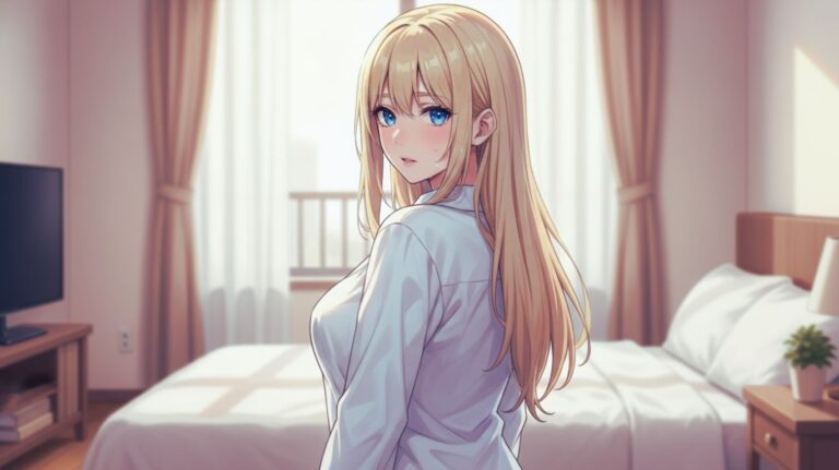 Anime-style blonde woman in a bedroom with a soft lighting aesthetic, featuring a schpicy expression