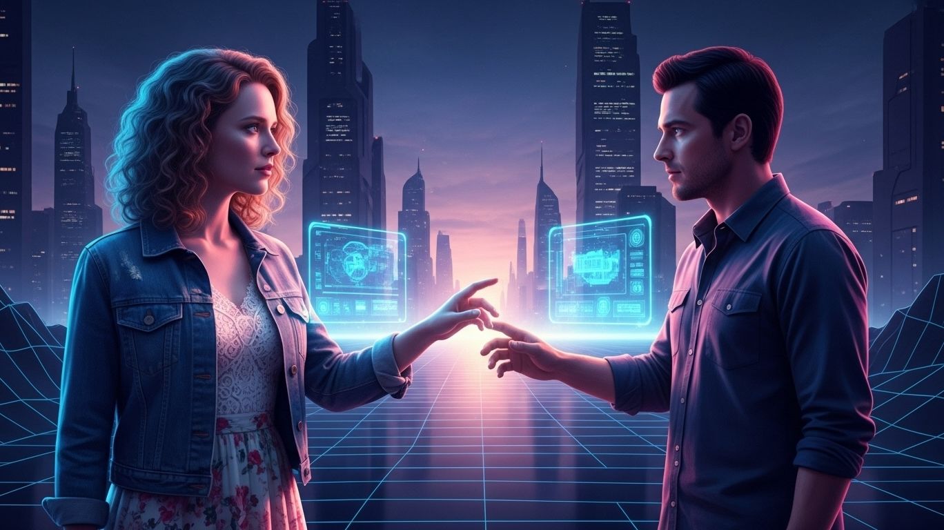 A human and AI connecting through holographic technology, representing the rise of digital intimacy and the transformative potential of sex ai chat platforms.
