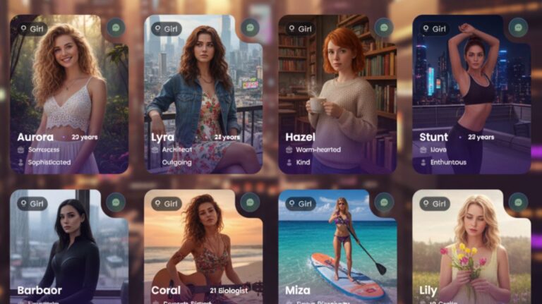A digital interface showing multiple AI-generated female chat profiles with unique personalities and styles, representing the diverse and customizable experiences available through sex ai chat platforms for digital intimacy and connection.