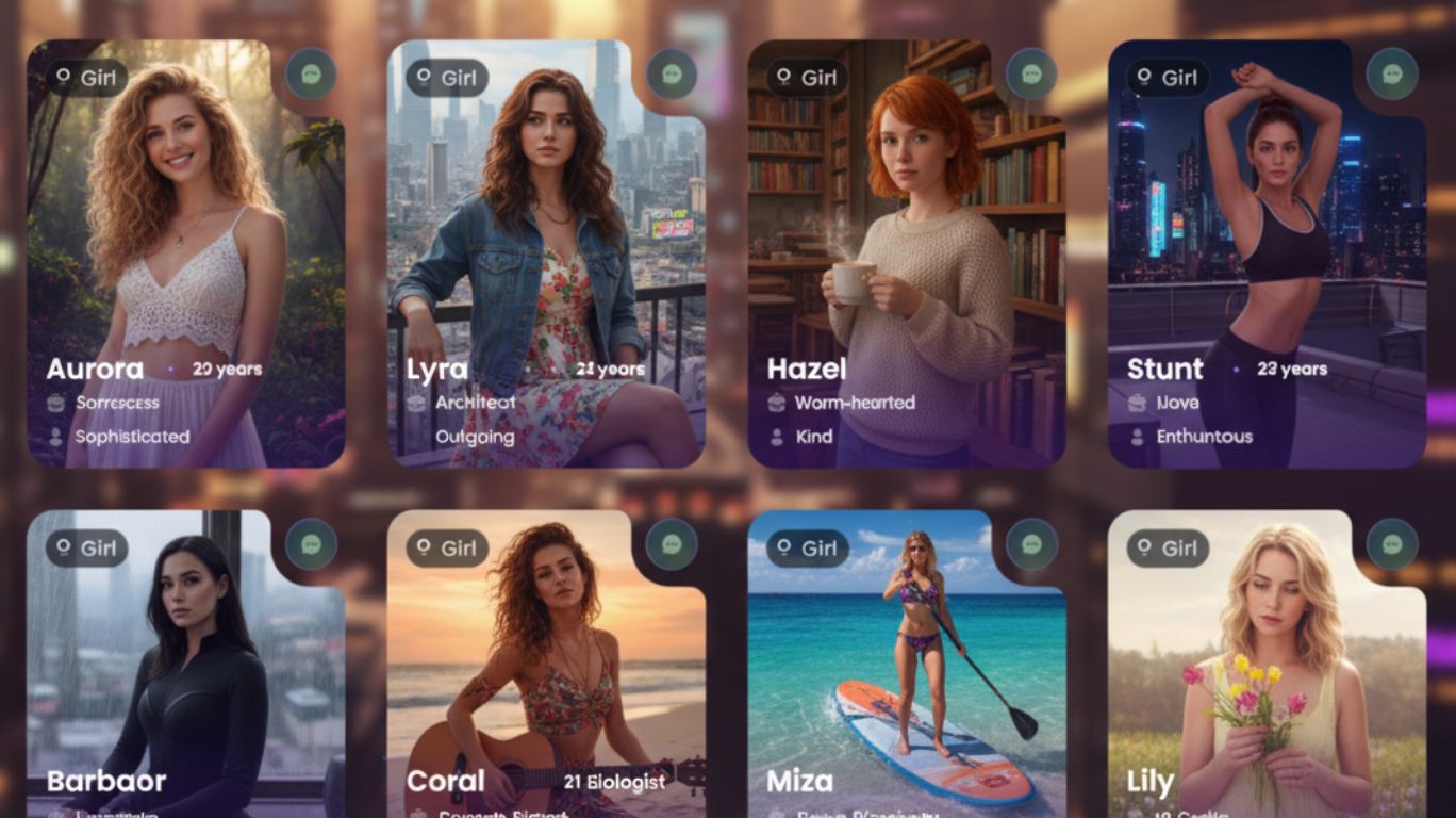 A digital interface showing multiple AI-generated female chat profiles with unique personalities and styles, representing the diverse and customizable experiences available through sex ai chat platforms for digital intimacy and connection.
