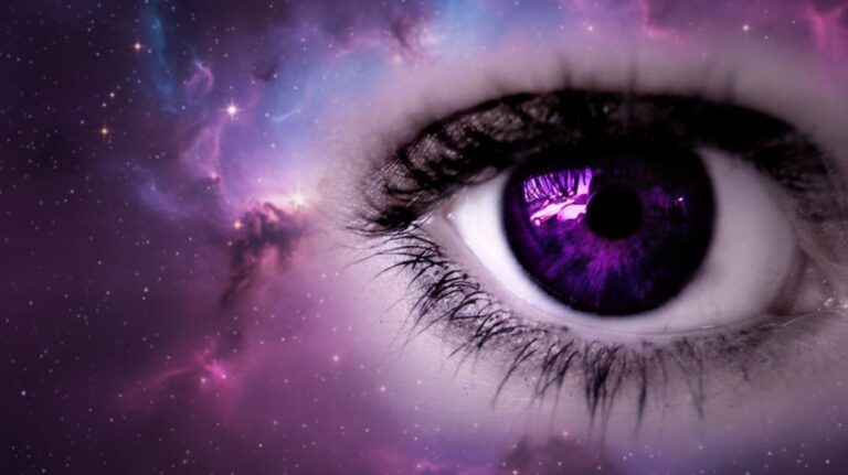 Close-up cosmic artwork of a human eye with radiant violet eyes, glowing with purple light against a starry galaxy background, symbolizing mystery and rare beauty