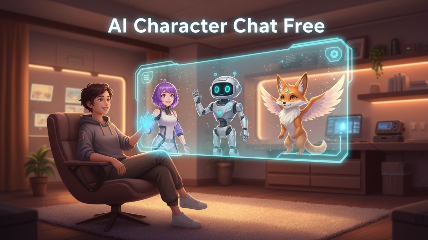 Person enjoying ai character chat free with anime, robot, and fantasy characters in a futuristic holographic interface.