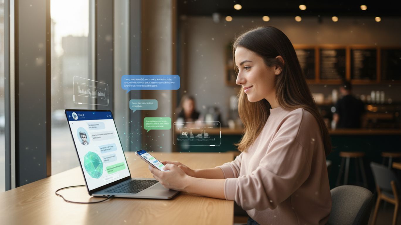 Person interacting with AI chats on laptop and smartphone, showing natural, helpful, and productive digital conversations.