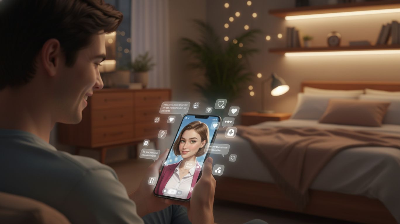 User enjoying AI girlfriend chat on smartphone, highlighting digital companionship, customizable interactions, and emotional support
