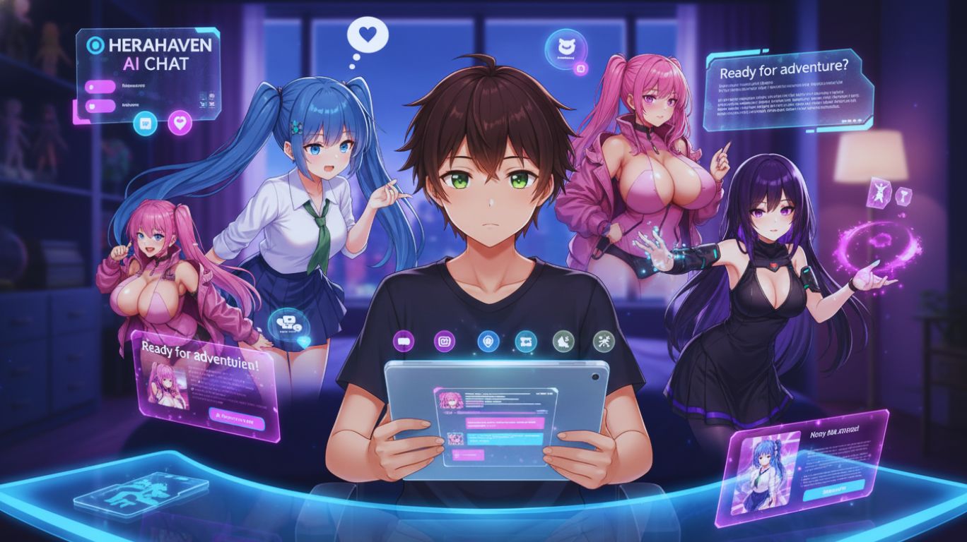 Anime-style digital artwork showing a user engaged in AI hentai chat, featuring interactive anime characters, immersive storytelling, and a futuristic interface.