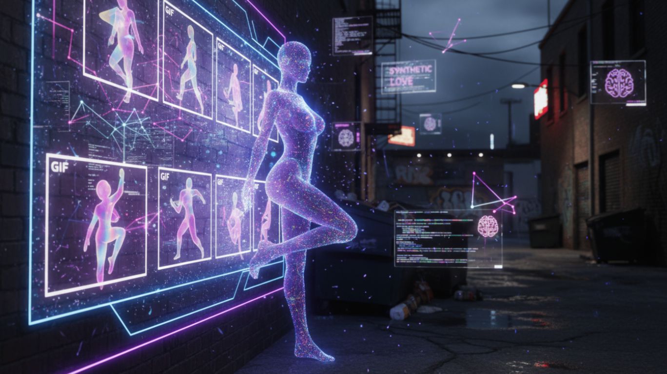 Futuristic concept illustration of AI porn GIFs in adult entertainment, showing creative and safe digital intimacy through animated visuals and neon technology effects.