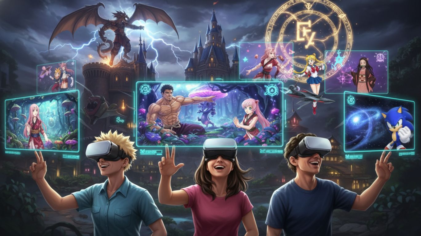 "AI roleplay adventure scene with players interacting with realistic AI characters in magical and fantastical worlds, showcasing creativity, imagination, and immersive storytelling."