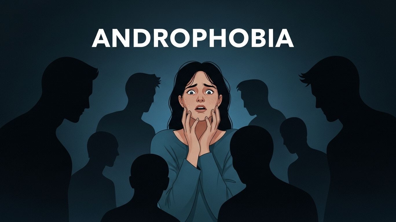Illustration depicting androphobia with a fearful person surrounded by male silhouettes, representing anxiety and fear of men, highlighting mental health awareness and causes of androphobia