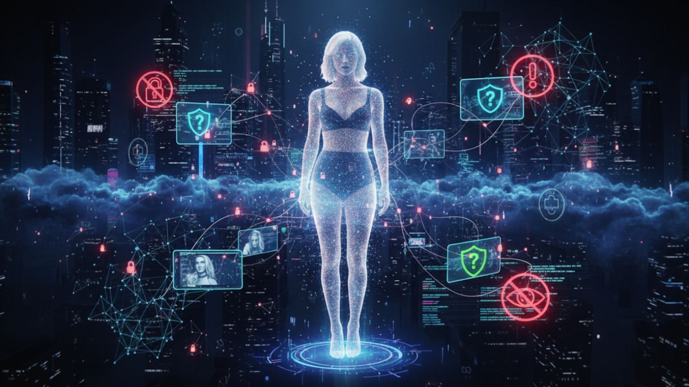 Illustration highlighting the innovation and controversy of celeb AI porn, showing AI-generated celebrity images, digital ethics symbols, privacy concerns, and futuristic technology