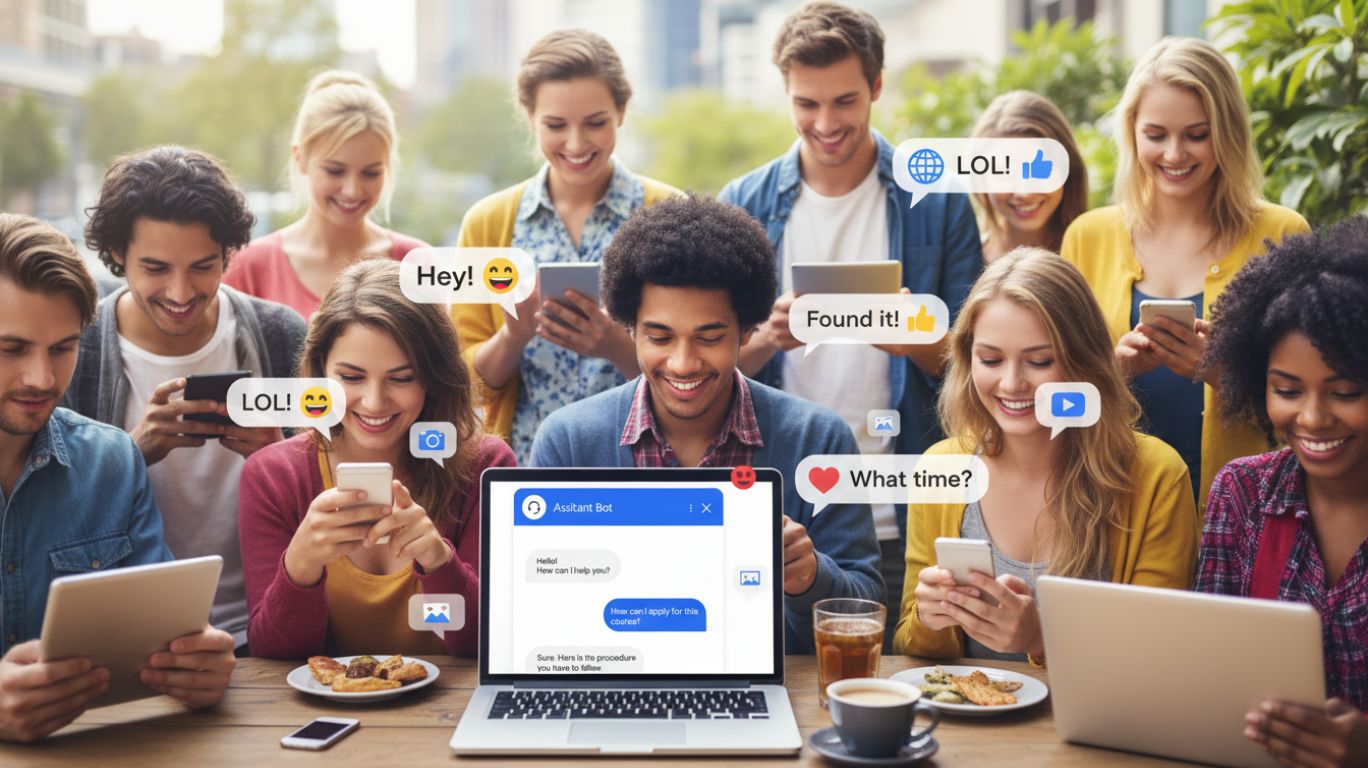 Chat for free illustration showing people connecting via smartphones and laptops, sharing messages and photos instantly, highlighting free and easy global communication.