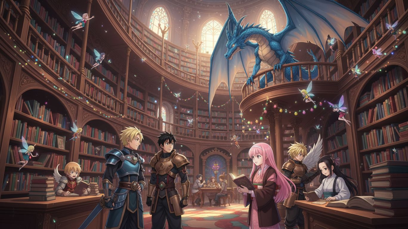 "Illustration for AI roleplay showing a magical world with dragons, fairies, and humans, and a cozy library scene, highlighting creativity and imagination for interactive storytelling."