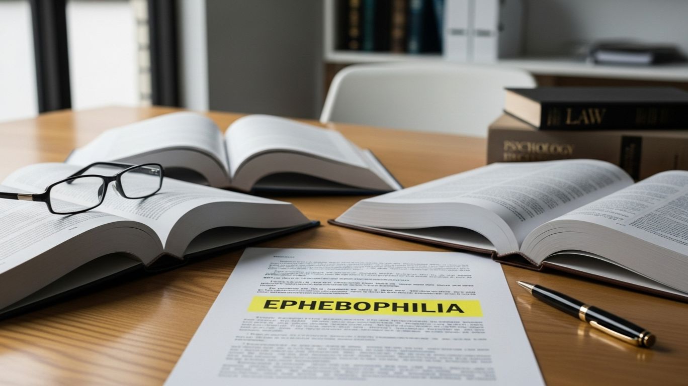 Psychology research workspace with documents highlighting the term ephebophilia, representing an academic discussion of its social and legal implications