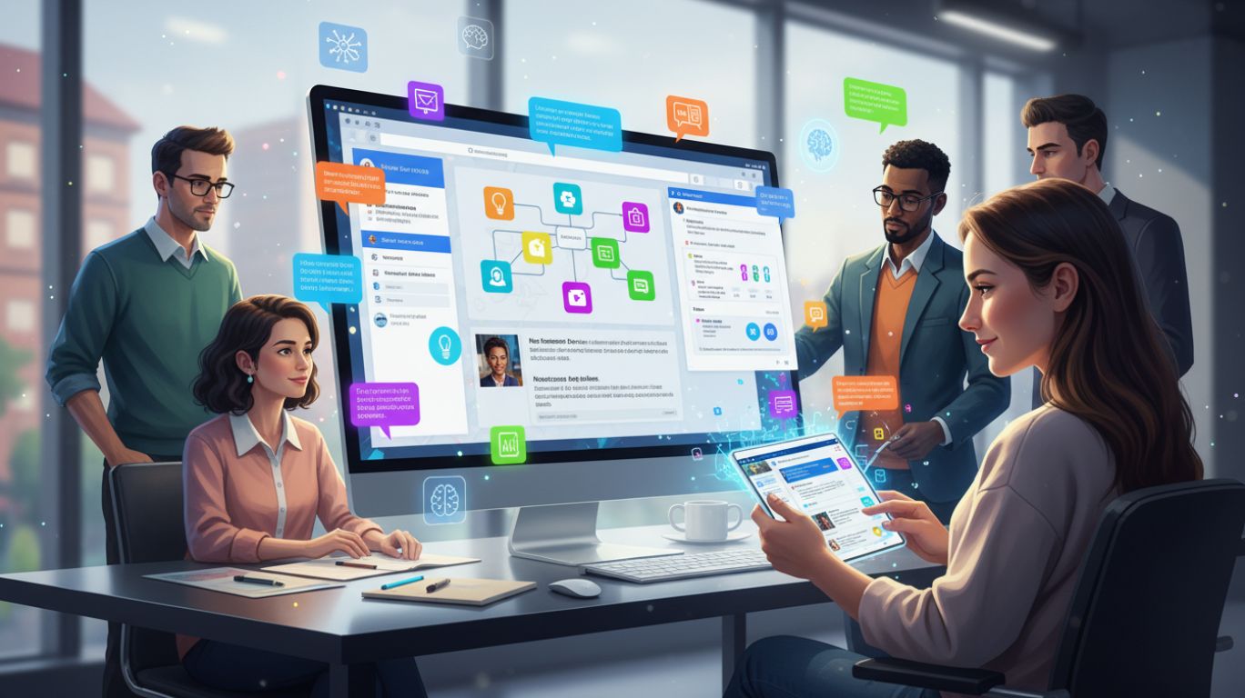 Person using AI chats on computer and mobile devices for creativity, brainstorming, and productivity in a vibrant digital workspace.