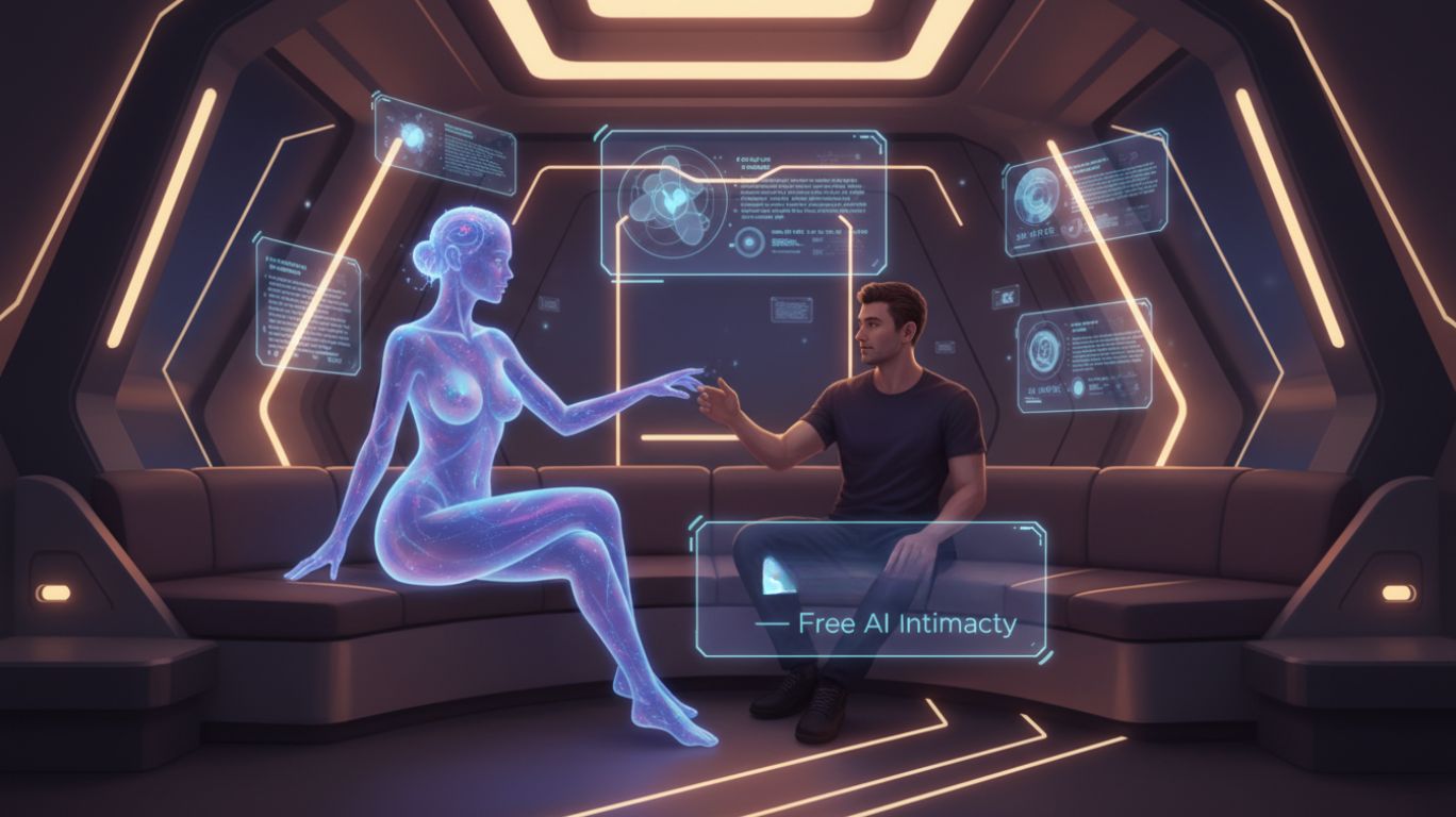 "Futuristic illustration of an AI companion providing personalized digital intimacy for free ai sex chat, showing holographic interaction in a cozy high-tech environment"