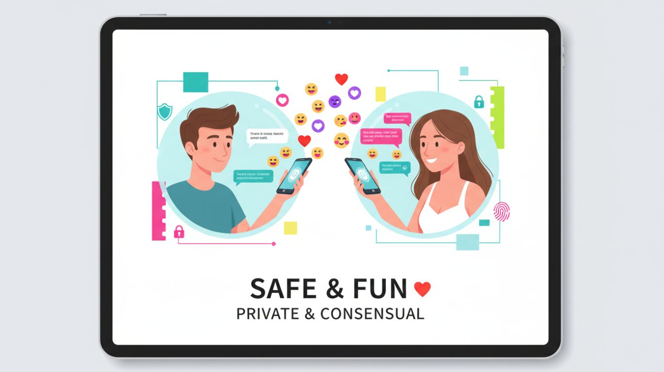 Illustration of two people exchanging playful and flirty messages on smartphones, representing free sexting in a safe, private, and respectful digital environment.