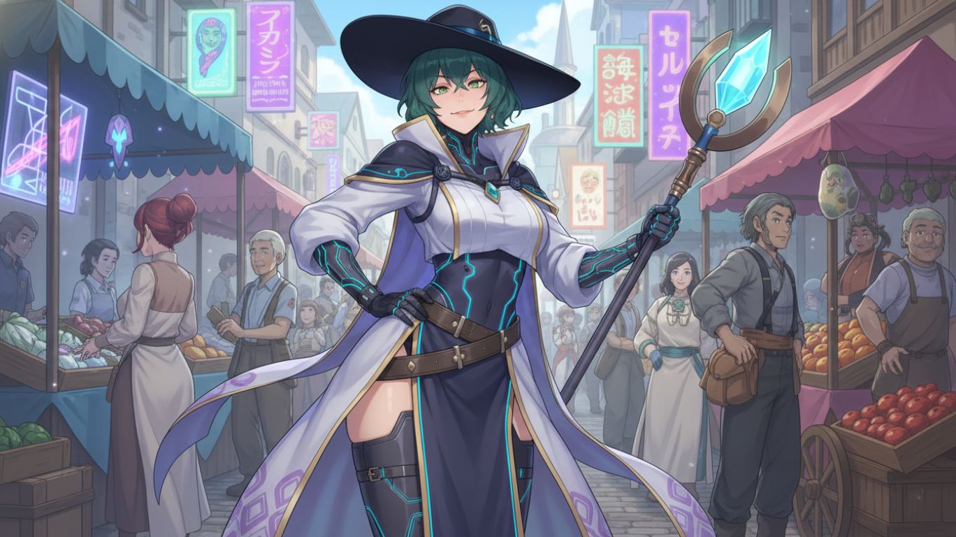 AI futa anime art of a futuristic fantasy character with neon cyberpunk elements, detailed expressions, and dynamic pose, showcasing high-quality AI-generated digital illustration