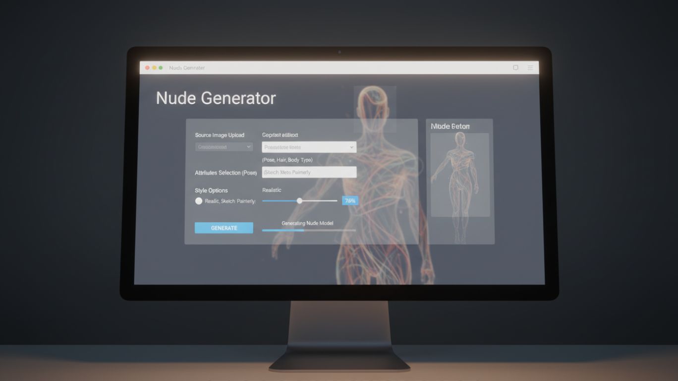 Illustration of a nude generator interface on a computer screen, showing abstract AI-generated human forms, highlighting how a nude generator works creatively and digitally.