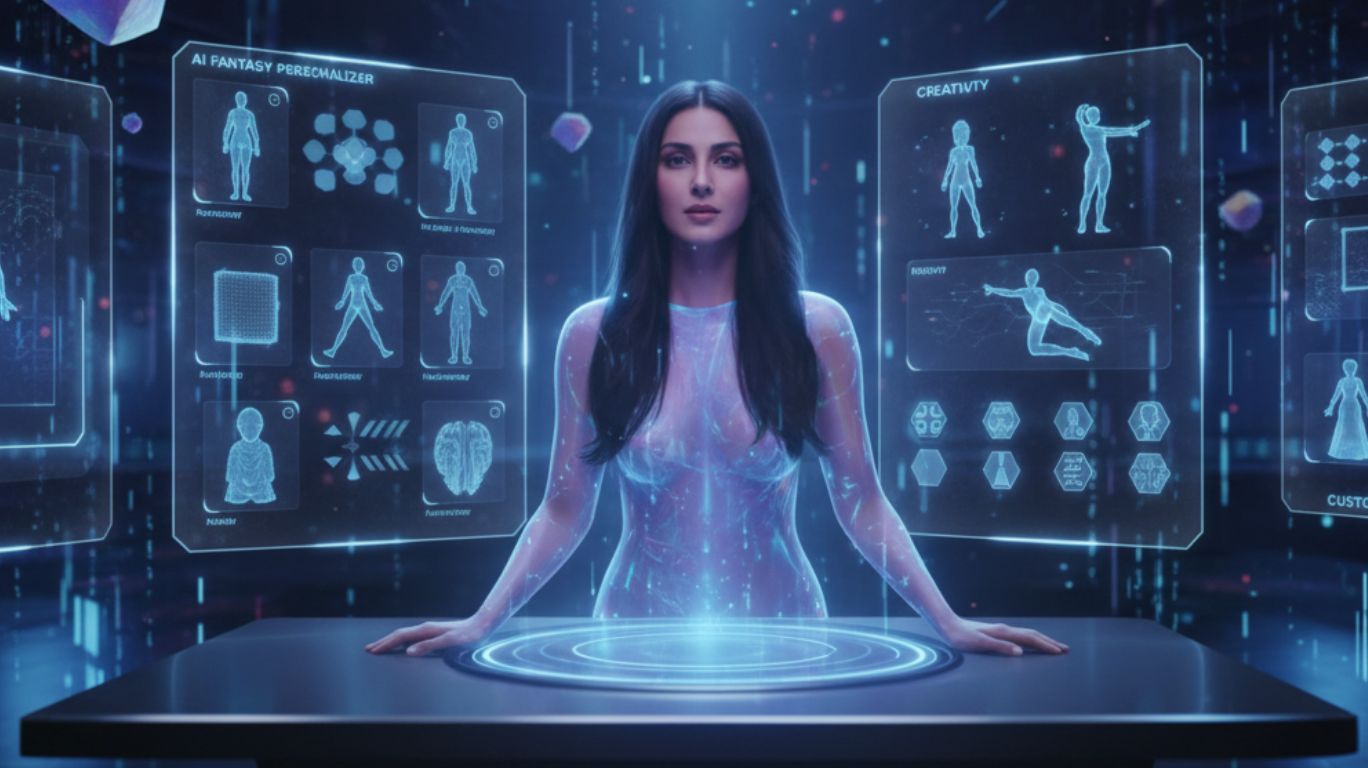 Futuristic illustration of a nude generator AI interface creating abstract human silhouettes, emphasizing personalized fantasy exploration, privacy, and customization.