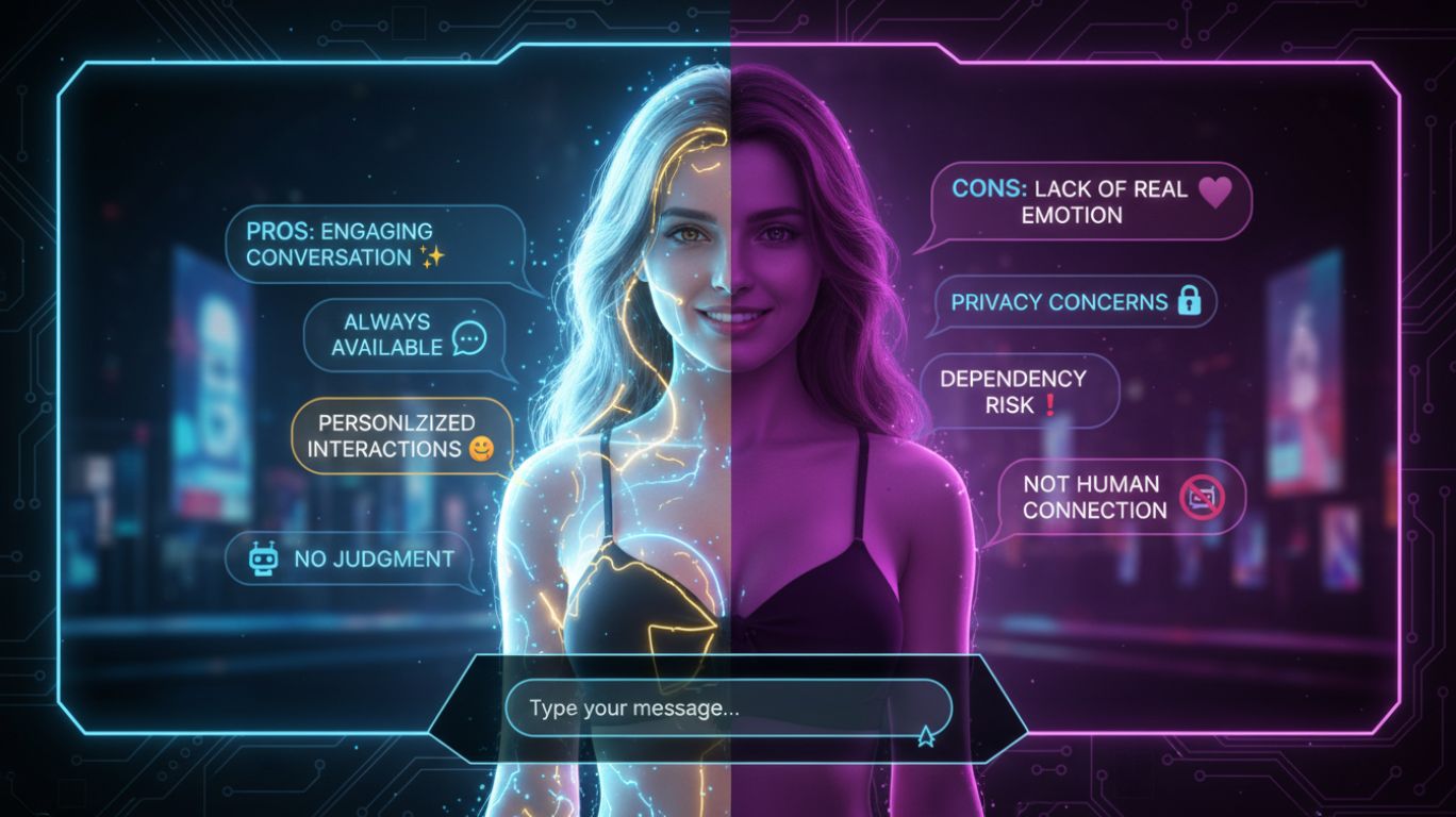 Illustration showing a virtual AI companion highlighting the pros and cons of sexy AI chat, with neon chat bubbles and a sleek futuristic digital interface.
