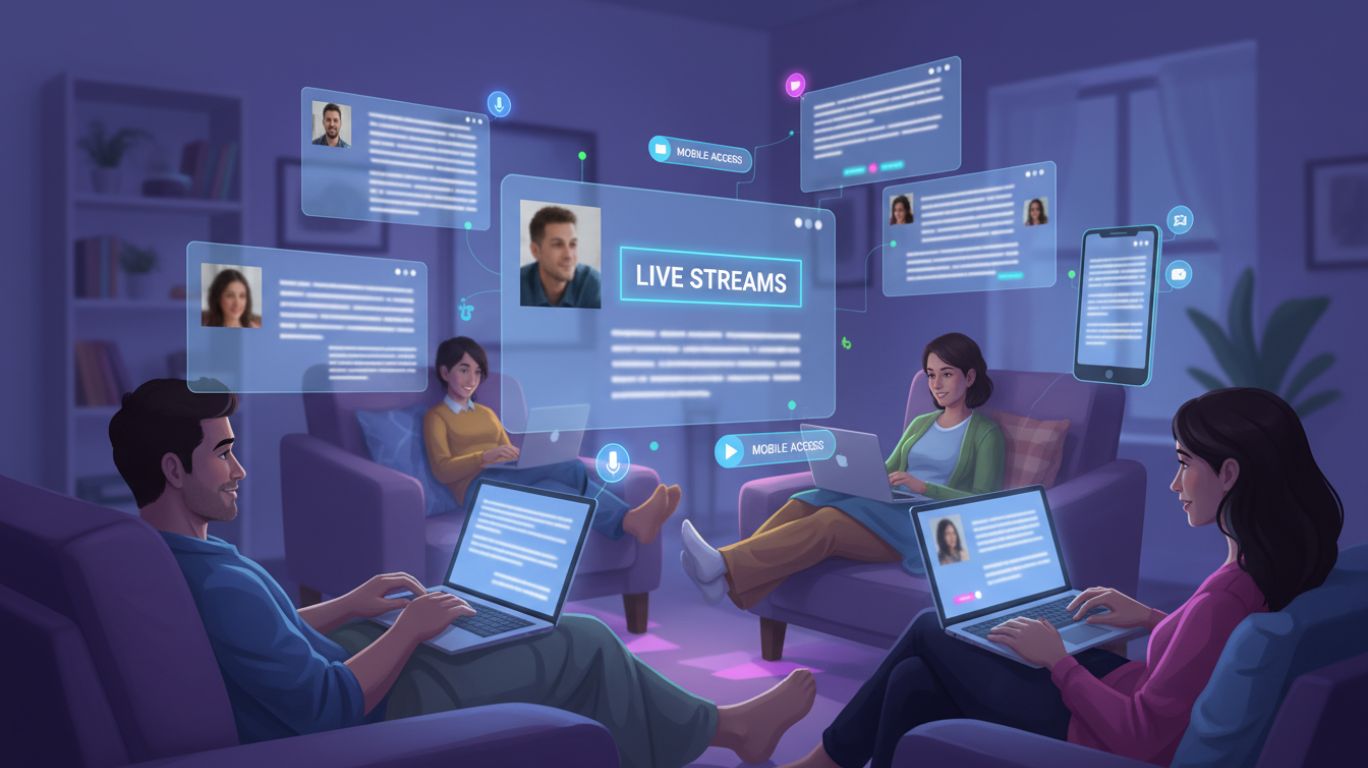 Adults enjoying real-time interaction in sex chat rooms, featuring live streams, video, text, and mobile access in a private online environment.