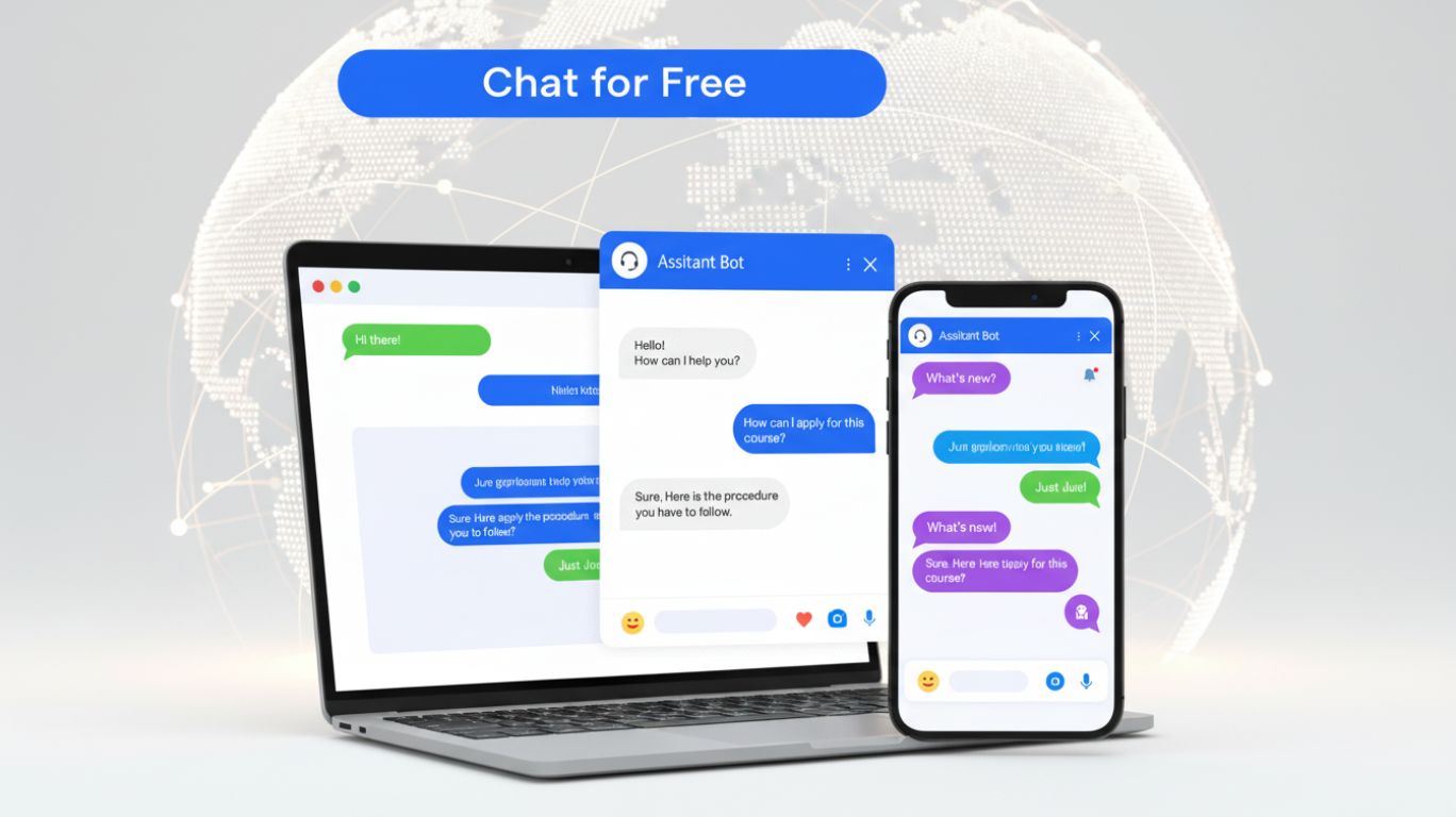 Chat for free interface showing real-time messages on laptop and smartphone, symbolizing easy and global text communication without fees or downloads.