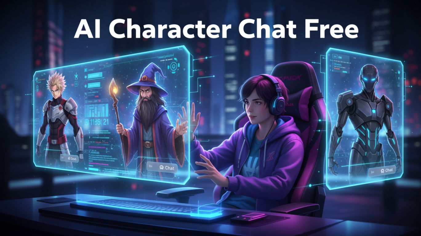 User engaging with AI character chat free featuring anime, fantasy, and sci-fi characters on a futuristic holographic interface.