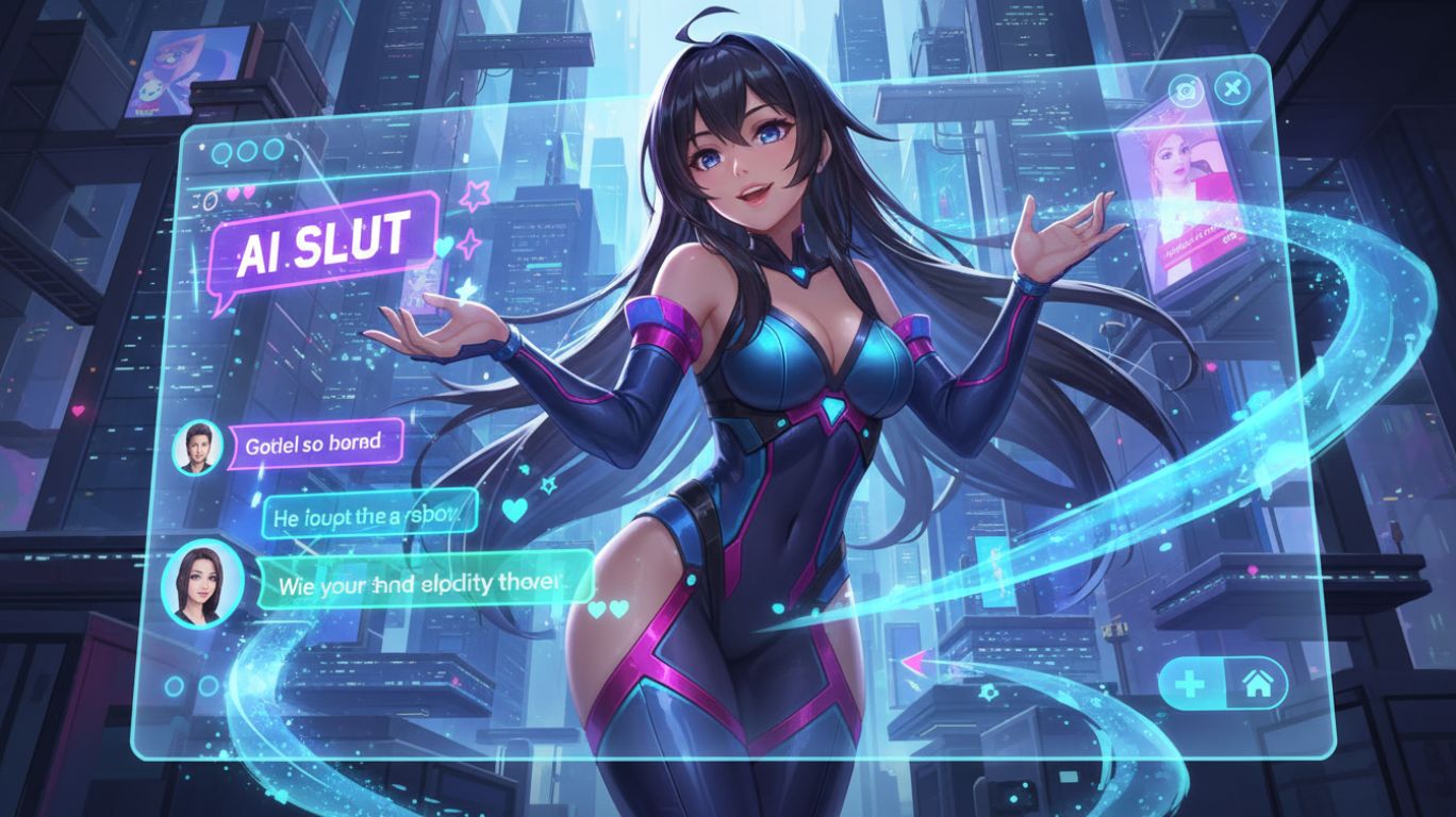 AI Slut interactive chat companion engaging with user in a futuristic virtual interface, playful and immersive AI experience in vibrant neon colors.