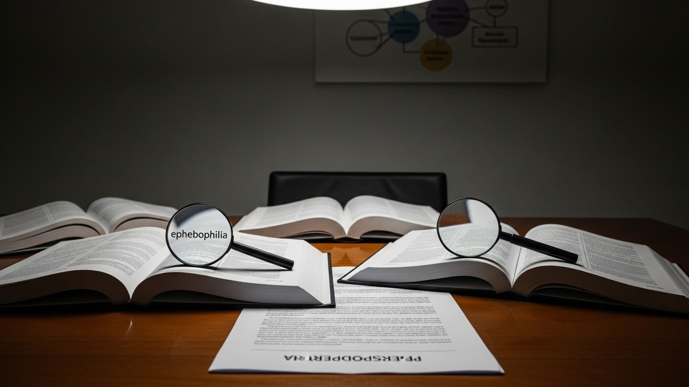 Abstract educational image showing psychology research materials with the term ephebophilia highlighted on a document, symbolizing academic discussion of adult attraction to mid-to-late adolescents.