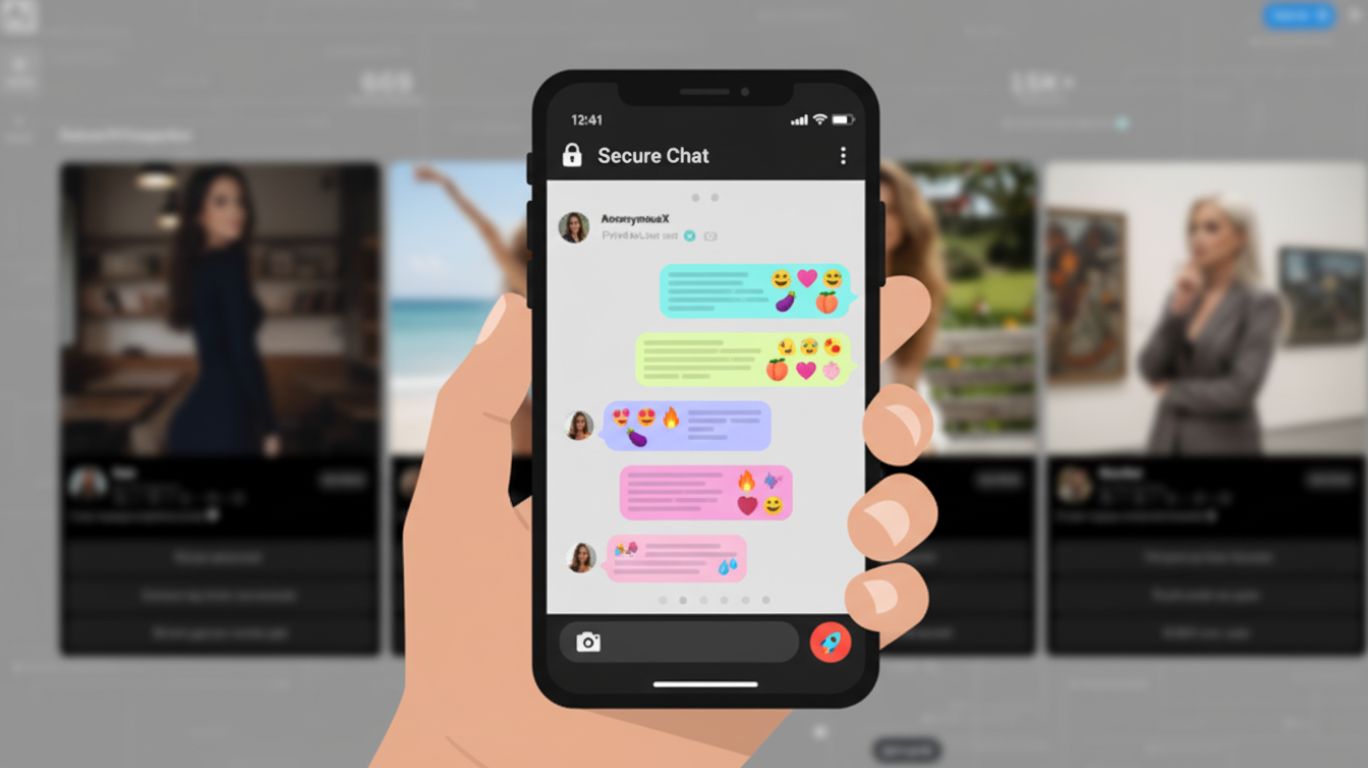 Illustration of a smartphone chat interface representing free sexting, showing private messages and emojis in a secure and modern digital environment.