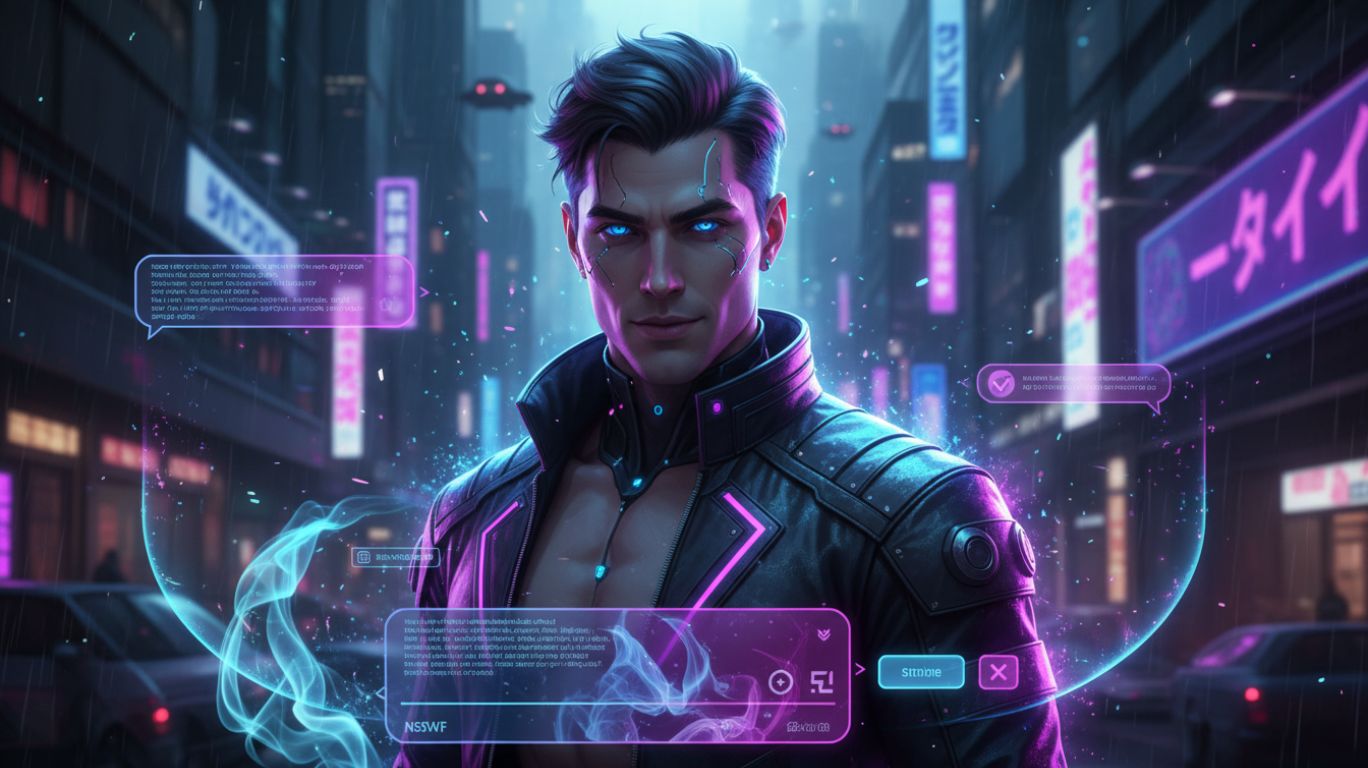 Futuristic AI chat NSFW interface with a male character avatar, neon cyberpunk aesthetics, and interactive holographic elements for immersive adult chat experiences