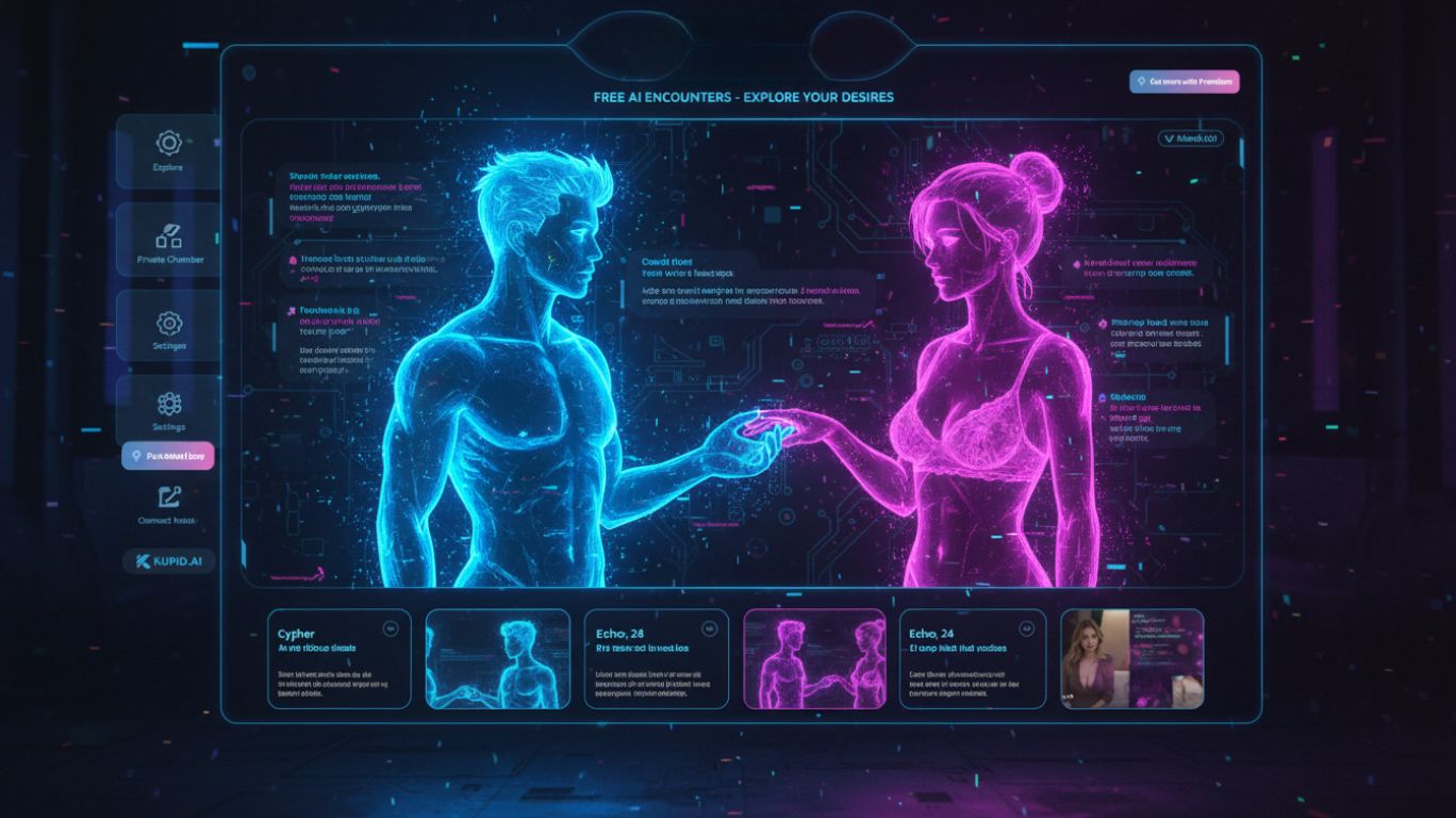 "Illustration of a futuristic AI-driven chat interface for free ai sex chat, showing holographic avatars and neon cyberpunk ambiance representing private adult conversation online"