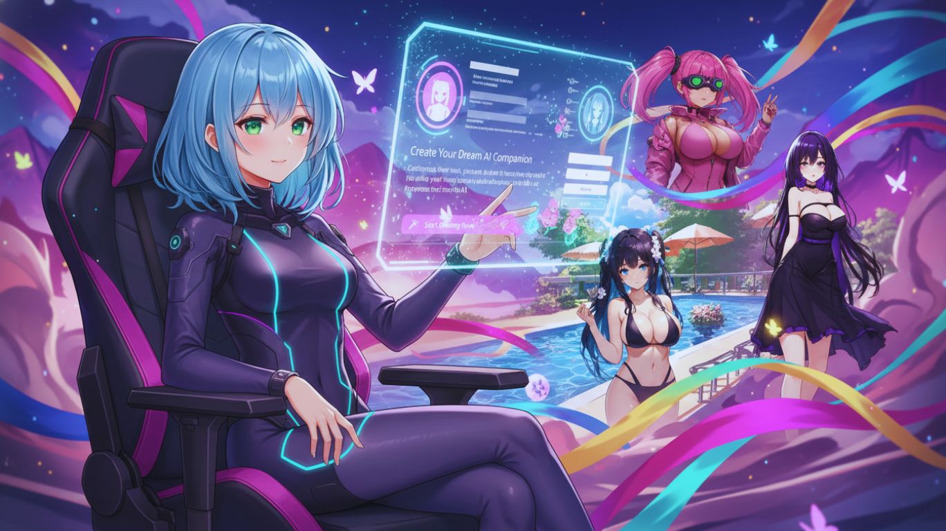 Anime-inspired digital artwork showing a user engaging with AI hentai chat, highlighting fantasy, creativity, and interactive anime characters in a colorful, immersive environment.