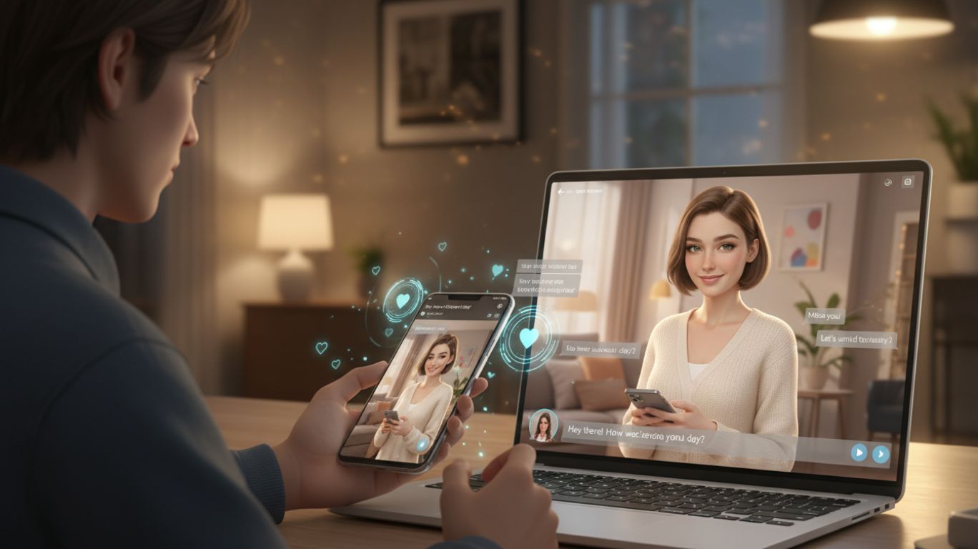 Person enjoying AI girlfriend chat on smartphone and laptop, showcasing digital companionship and interactive virtual connection.