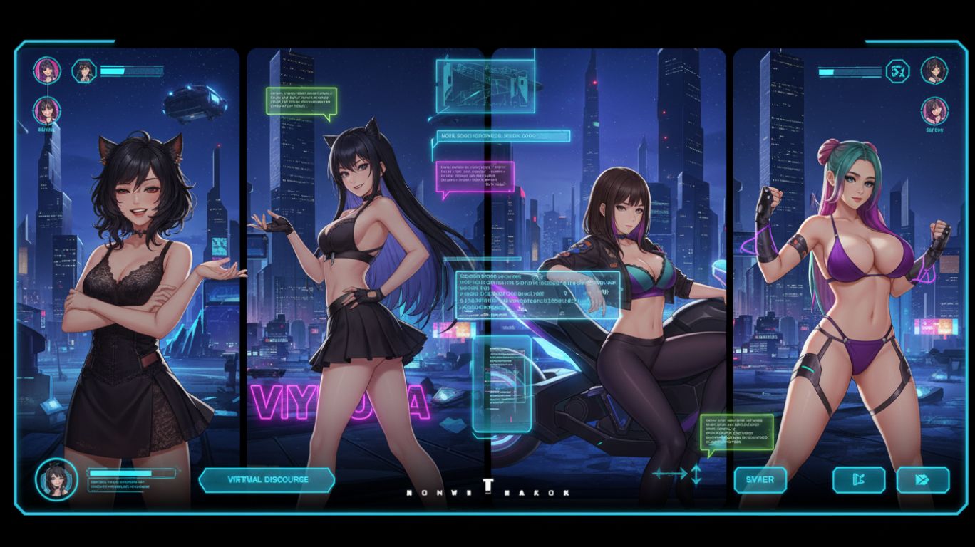 Multiple adult characters interacting in a vibrant, futuristic AI NSFW chatroom, showcasing diverse avatars and engaging online adult chat experience