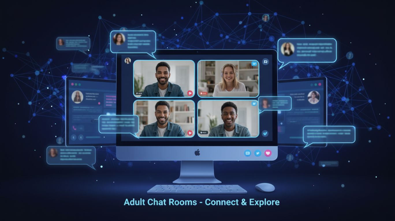 Illustration of adults interacting in adult sex chat rooms free, showing virtual conversations, neon chat bubbles, and an inviting online environment.