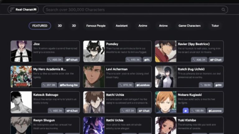 a screen shot of a website with ai character chat free on it
