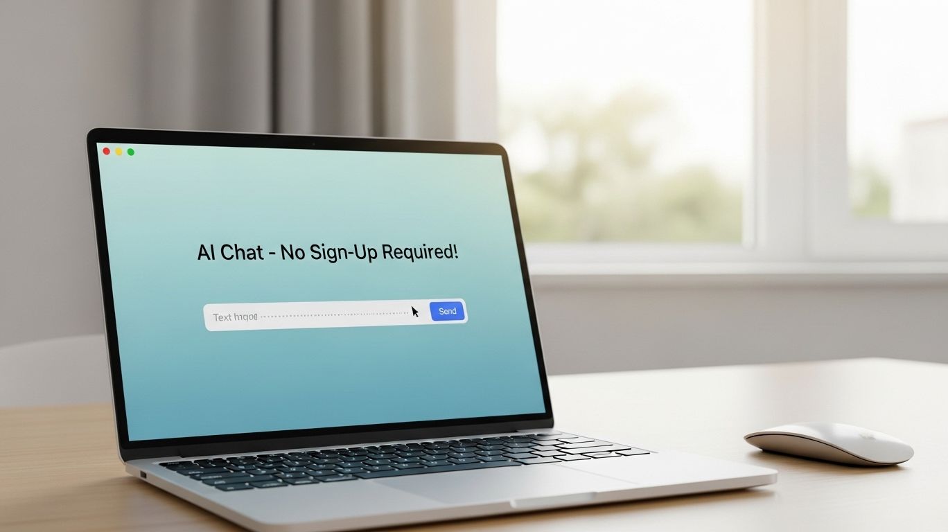 laptop on a table with a mouse and keyboard with written ai chat no sign up