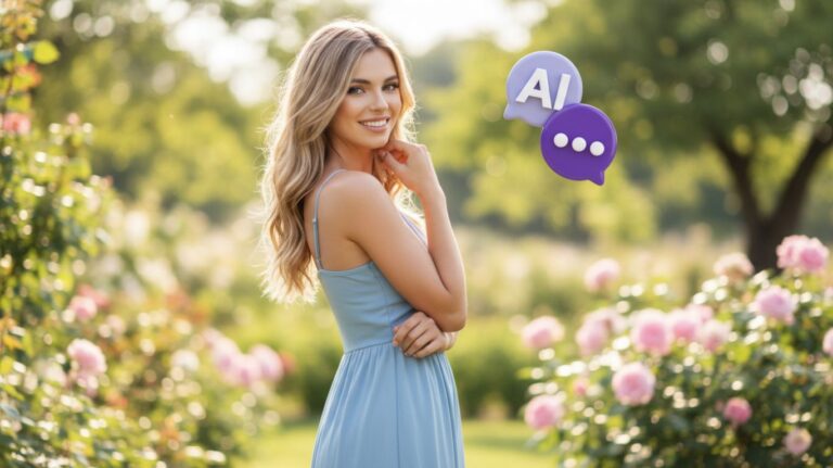 A person in a blue dress standing in front of flowers representing ai chat nsfw