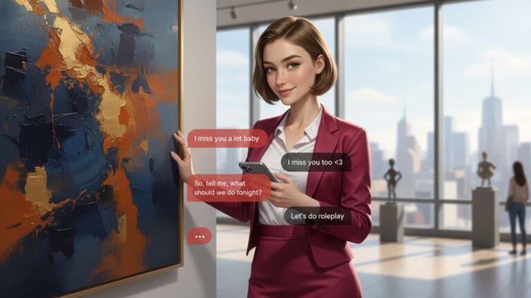 a person in a business suit is looking at a painting and having an ai girlfriend chat
