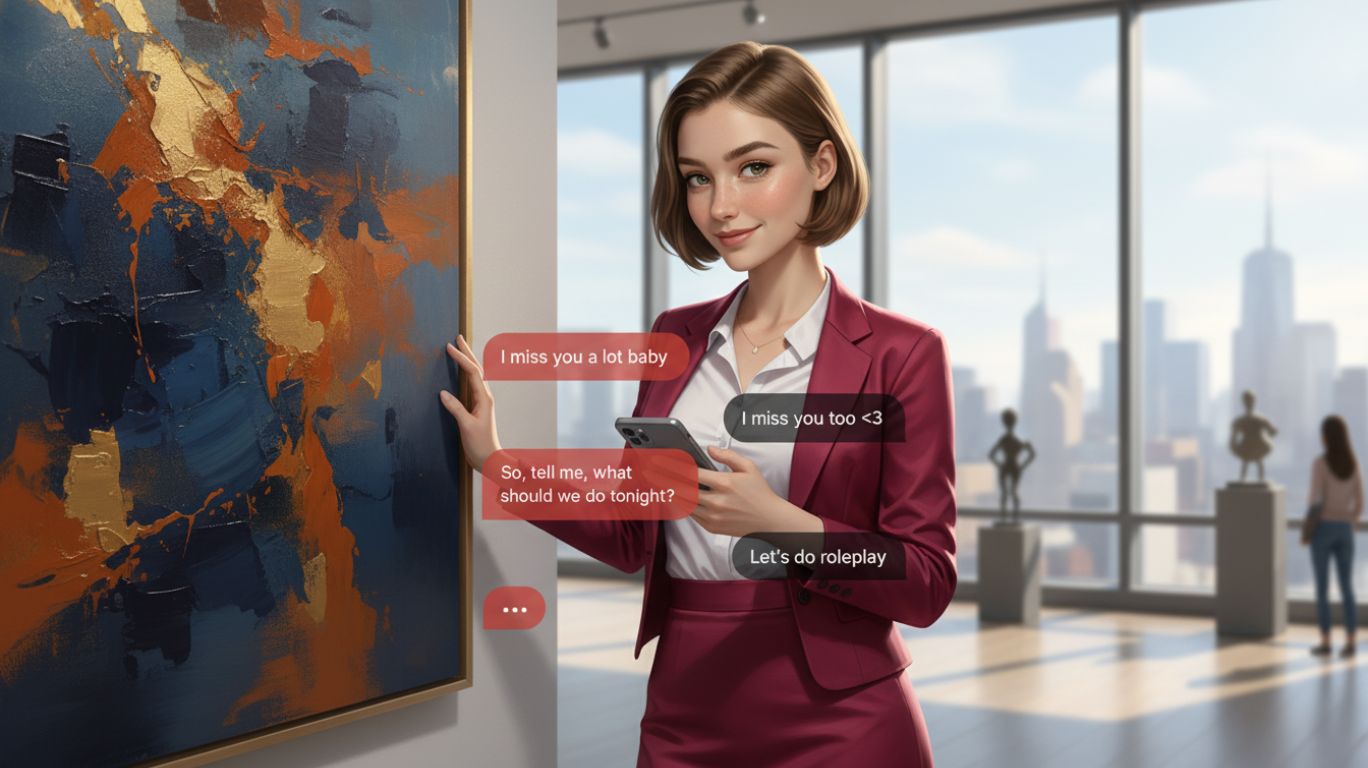 a person in a business suit is looking at a painting and having an ai girlfriend chat
