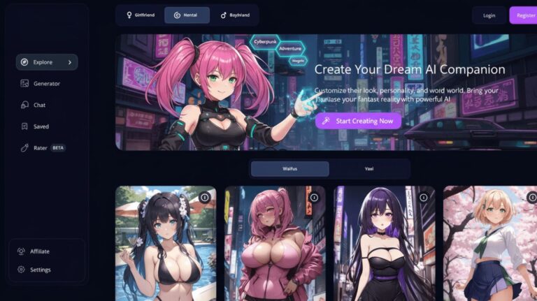 a screen shot of an anime character on an ai hentai chat with pink hair and purple hair