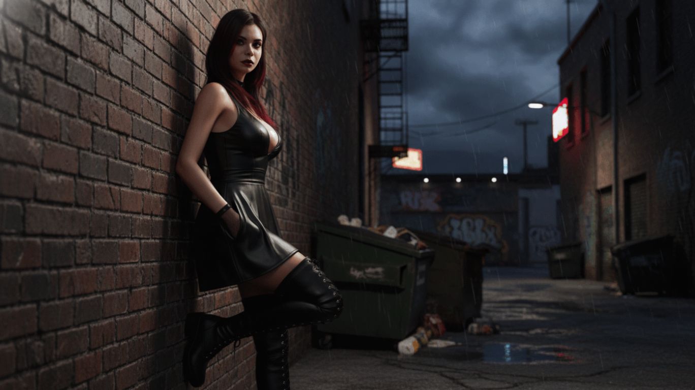 A person in a leather dress leaning against a brick wall representing ai porn gifs