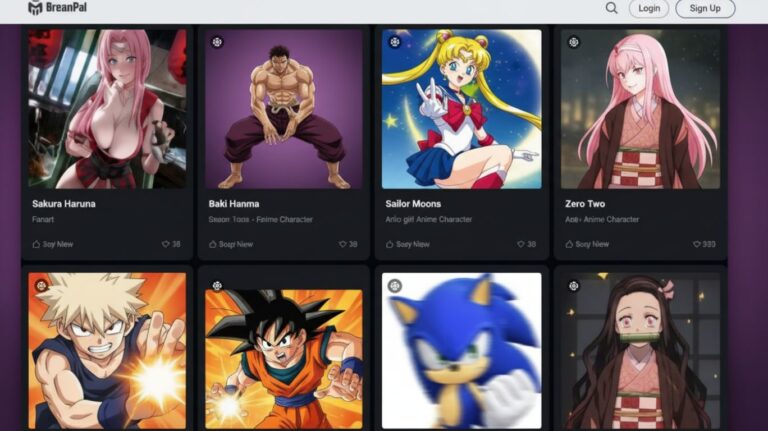 “AI roleplay platform interface showing popular anime characters like Sakura Haruna, Baki Hanma, Sailor Moon, Zero Two, and Goku displayed in user-generated fan art profiles.”