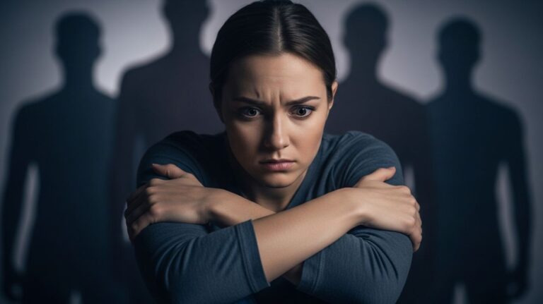 Illustration depicting androphobia, a young woman appearing anxious and fearful of men, symbolizing the psychological impact and daily challenges of this phobia.