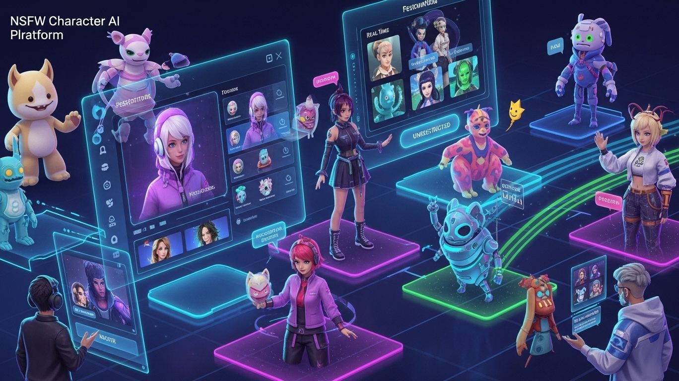 Futuristic virtual scene showing users engaging with personalized characters on NSFW Character AI, highlighting creativity, unrestricted content, and innovative AI interaction.
