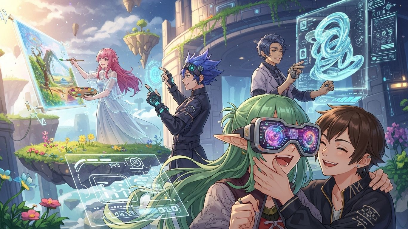 Illustration of diverse animated characters expressing creativity in a virtual world, showcasing the freedom of NSFW Character AI for unrestricted character creation and intimate interactions.