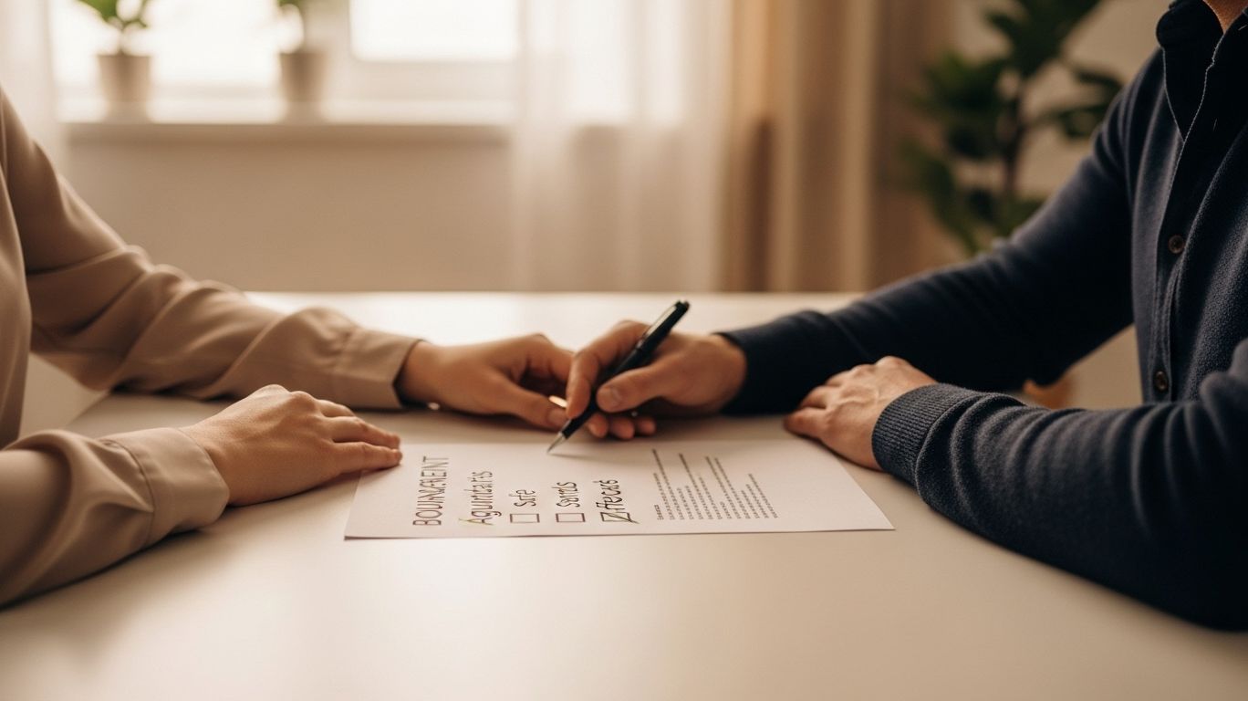 A respectful scene of two adults reviewing a consent agreement together, symbolizing cnc sexual meaning focused on trust, communication, and boundaries.