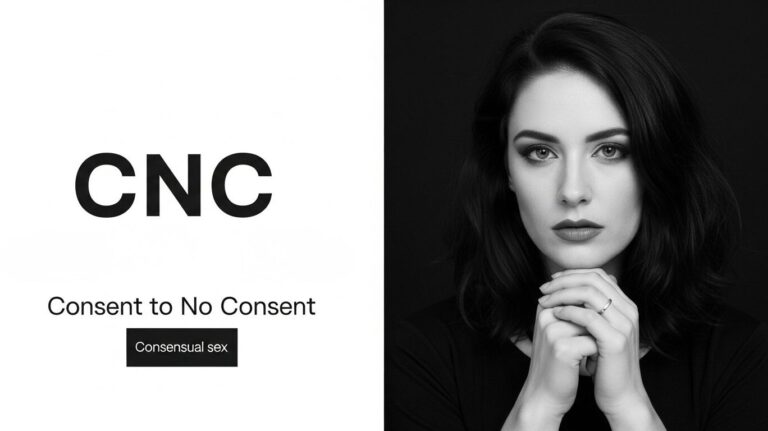 Black-and-white photo of a woman looking directly at the camera with hands gently clasped, next to bold text describing CNC and consent; visual representation of cnc sexual meaning focused on communication, trust, and consent.